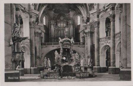 Bad Staffelstein, Vierzehnheiligen - Gnaden-Altar und Orgel - ca. 1955 Bad Staffelstein, Vierzehnheiligen - Gnaden-Altar und Orgel - ca. 1955