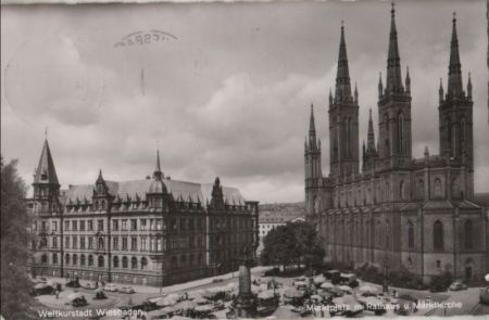 Wiesbaden - Marktplatz mit Rathaus und Marktkirche - 1957 Wiesbaden - Marktplatz mit Rathaus und Marktkirche - 1957