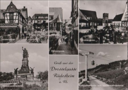 Rüdesheim - Drosselgasse, u.a. Kabinenseilbahn - ca. 1955 Rüdesheim - Drosselgasse, u.a. Kabinenseilbahn - ca. 1955