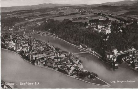 Passau - Dreiflüsse-Eck, Fliegeraufnahme - 1960 Passau - Dreiflüsse-Eck, Fliegeraufnahme - 1960