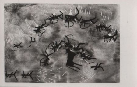 Wandbild mit Jägern und Tier - ca. 1960 Wandbild mit Jägern und Tier - ca. 1960
